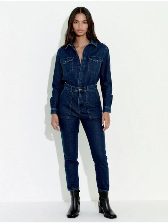 Pull&Bear Pants - Women Denim Jean Romper Jumpsuit Pull Bear Long Sleve 100 Cotton Dark Pantsuit